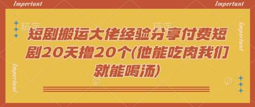 短剧搬运大佬经验分享付费短剧20天撸20个(他能吃肉我们就能喝汤)-悟空知识星球