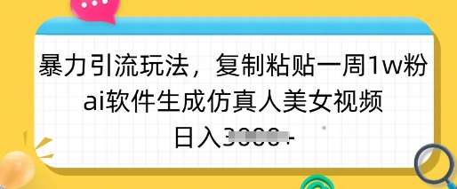 暴力引流玩法，复制粘贴一周1w粉，ai软件生成仿真人美女视频，日入多张-悟空知识星球