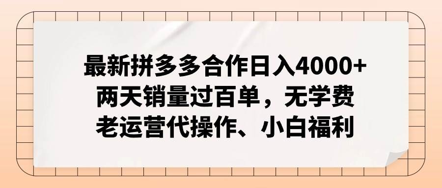 (11343期)最新拼多多合作日入4000+两天销量过百单,无学费、老运营代操作、小白福利-悟空知识星球