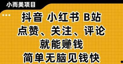 小而美的项目,抖音小红书B站视频点赞、关注、评论就能挣钱,简单无脑立见收益,妥妥的零撸项目【揭秘】-悟空知识星球