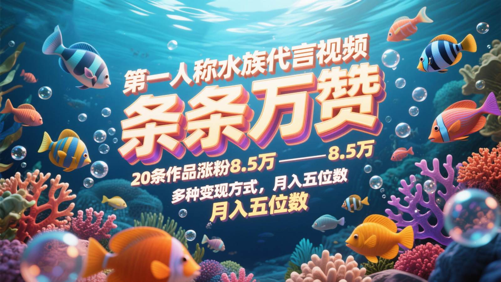 第一人称水族代言视频,条条万赞,20条作品涨粉8.5万,多种变现方式月,入五位数-悟空知识星球