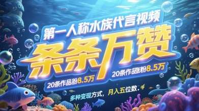 第一人称水族代言视频，条条万赞，20条作品涨粉7.8W，多种变现方式月入五位数-悟空知识星球