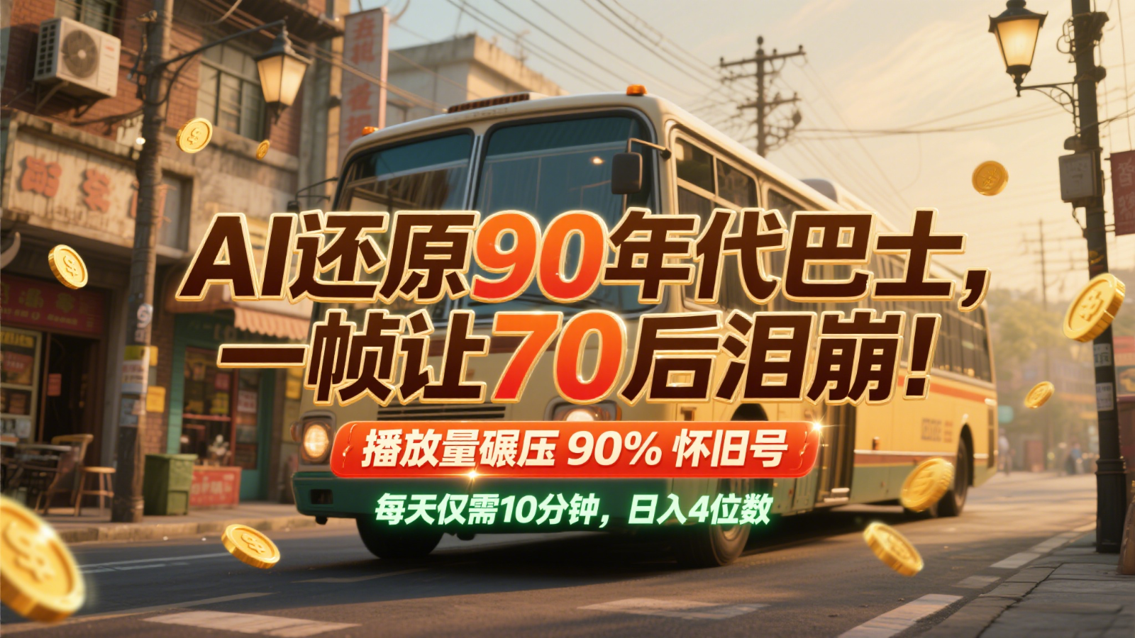 AI还原90年代巴士，一帧让70后泪崩！播放量碾压90%怀旧号，每天10分钟，日入4位数-悟空知识星球
