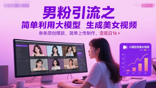 男粉引流之简单利用大模型生成美女视频，条条原创爆款，简单上传制作，变现日1k+-悟空知识星球
