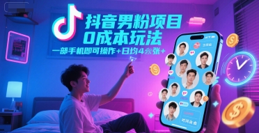 抖音男粉项目0成本玩法，一部手机即可操作，日均4张+，时间自由-悟空知识星球