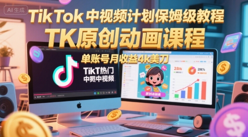 TikTok中视频计划保姆级教程，TK原创动画课程，单账号月收益4k美刀-悟空知识星球