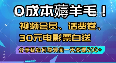 0成本薅羊毛!视频会员、话费卷、30元电影票白送，分享我如何靠转卖一天变现5张+【揭秘】-悟空知识星球