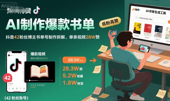 AI制作爆款书单，抖音42粉丝博主书单号制作拆解，单条视频28W赞-悟空知识星球