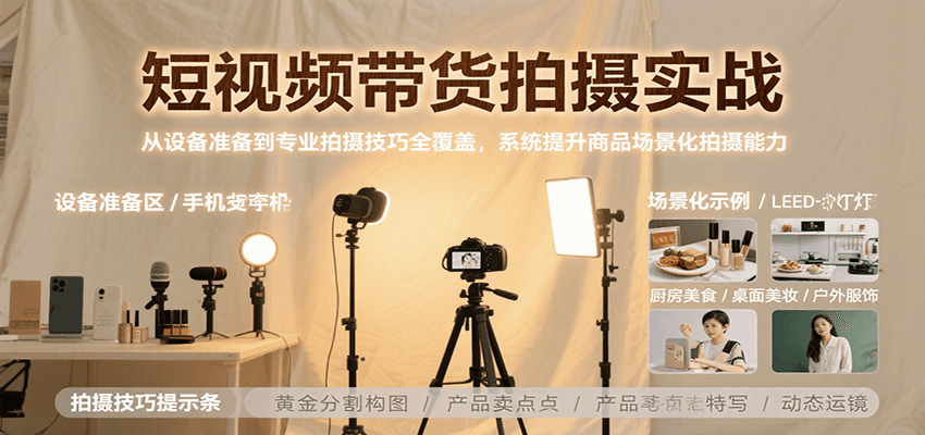 短视频带货拍摄实战，从设备准备到专业拍摄技巧全覆盖，系统提升商品场景化拍摄能力-悟空知识星球