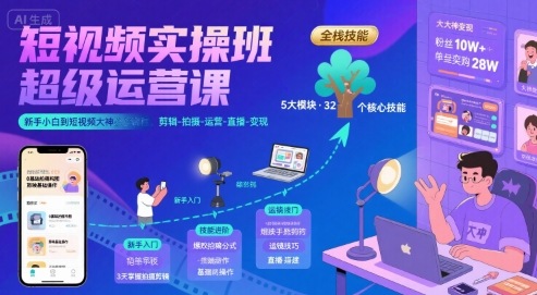 短视频实操班超级运营课，新手小白到短视频大神必修课程，剪辑-拍摄-运营-直播-变现-悟空知识星球