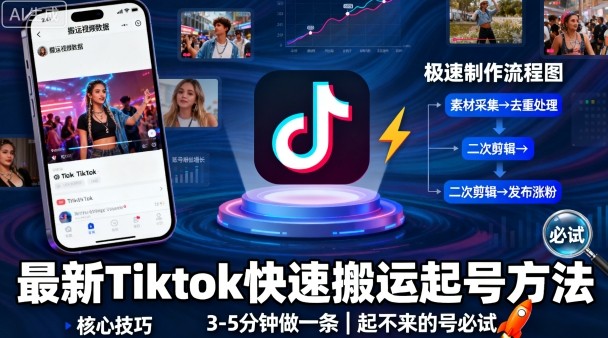 最新Tiktok快速搬运快速起号方法，3-5分钟做一条，起不来的号可以试试-悟空知识星球