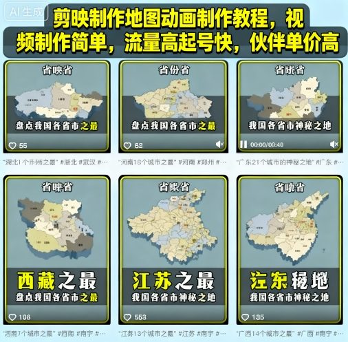 剪映制作地图动画制作教程,视频制作简单,流量高起号快,伙伴单价高-悟空知识星球