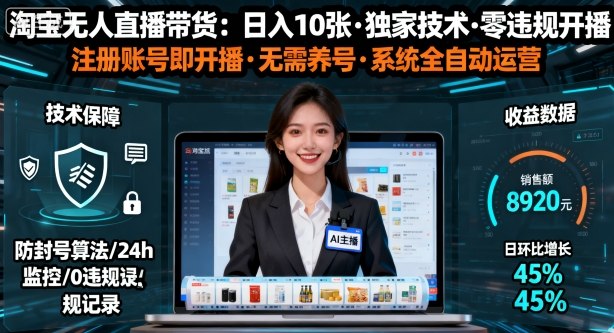 【最新】淘宝无人直播带货，日入10张，独家技术，无违规无封号，注册账号直接开播，不用养号【揭秘】-悟空知识星球