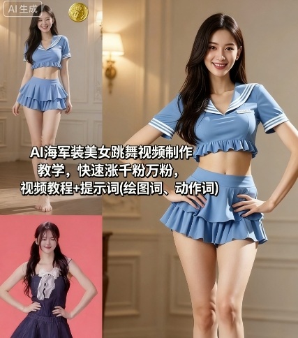 AI海军装美女跳舞视频制作教学，快速涨千粉万粉，视频教程+提示词(绘图词、动作词)-悟空知识星球