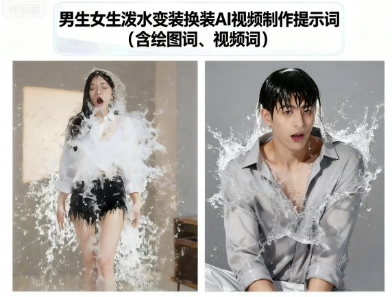 男生女生泼水变装换装AI视频制作提示词(含绘图词、视频词)-悟空知识星球