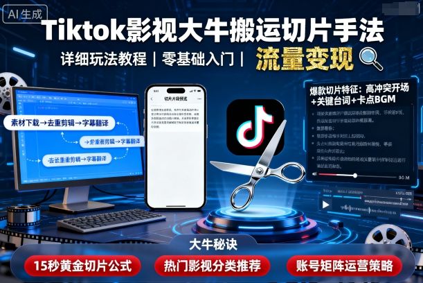 Tiktok影视大牛搬运切片手法，详细玩法教程-悟空知识星球