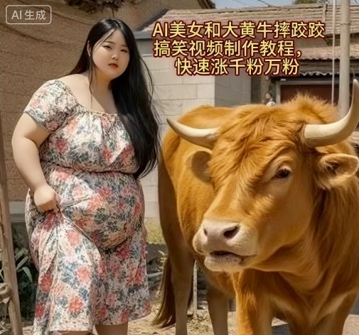 AI美女和大黄牛摔跤搞笑荒诞视频制作教程，快速涨千粉万粉-悟空知识星球