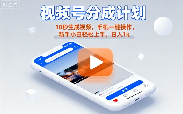 视频号分成计划懒人玩法，10秒生成视频，手机一键操作，新手小白轻松上手，日入1K【揭秘】-悟空知识星球