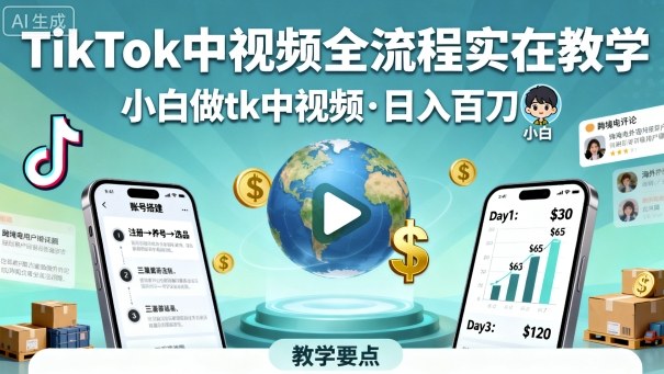 TikTok中视频全流程实操教学，小白做tk中视频，日入百刀-悟空知识星球