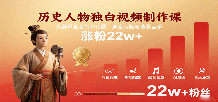 历史人物独白视频制作课，从剪辑配音到AI出图，声音克隆与背景音乐，涨粉22w+-悟空知识星球