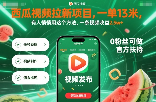 西瓜视频拉新项目，一单13米，有人悄悄用这个方法，一条视频收益2.5w+（附详细教程）-悟空知识星球