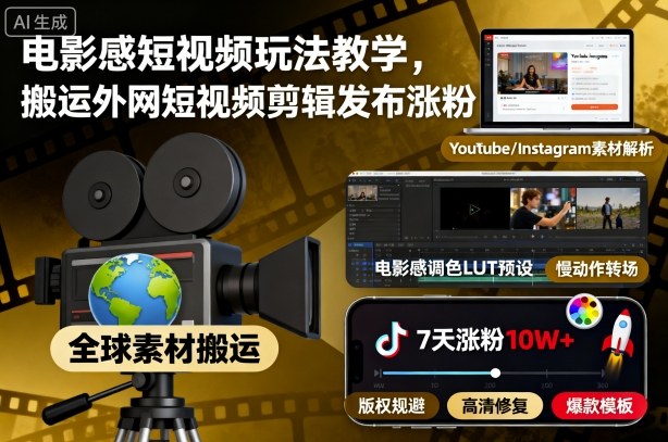 电影感短视频玩法教学，搬运外网短视频剪辑发布涨粉-悟空知识星球