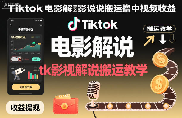 Tiktok电影解说搬运撸中视频收益，tk影视解说搬运教学-悟空知识星球