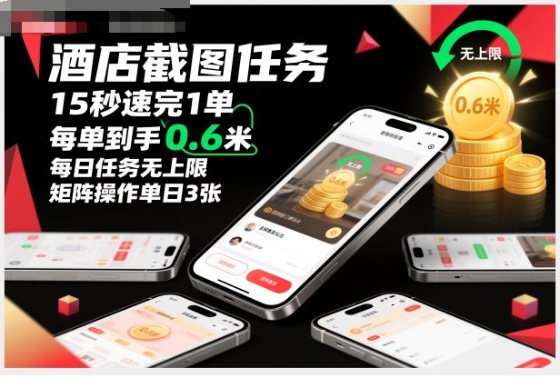 酒店截图任务，15秒速完1单，每单到手0.6米，每日任务无上限，全网首发玩法，矩阵操作单日3张【揭秘】-悟空知识星球