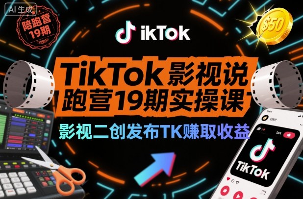 TikTok影视解说陪跑营19期实操课，影视二创发布TK賺取收益，万播收益50美金-悟空知识星球