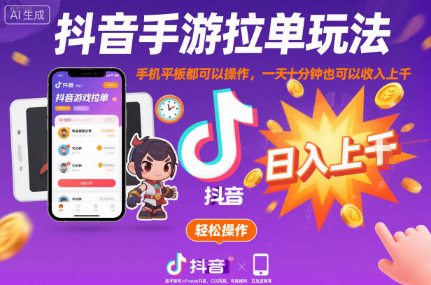 抖音手游拉单玩法，手机平板都可以操作，一天十分钟也可以收入上K【揭秘】-悟空知识星球