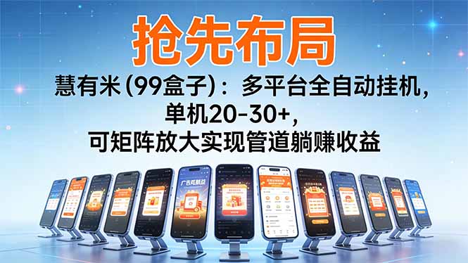 (16757期)【抢先布局】慧有米(99盒子):多平台全自动挂机,单机20-30+,可矩阵放大实现管道躺赚收益-悟空知识星球