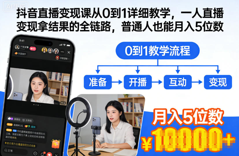抖音直播变现课从0到1详细教学，一人直播变现拿结果的全链路，普通人也能月入5位数-悟空知识星球