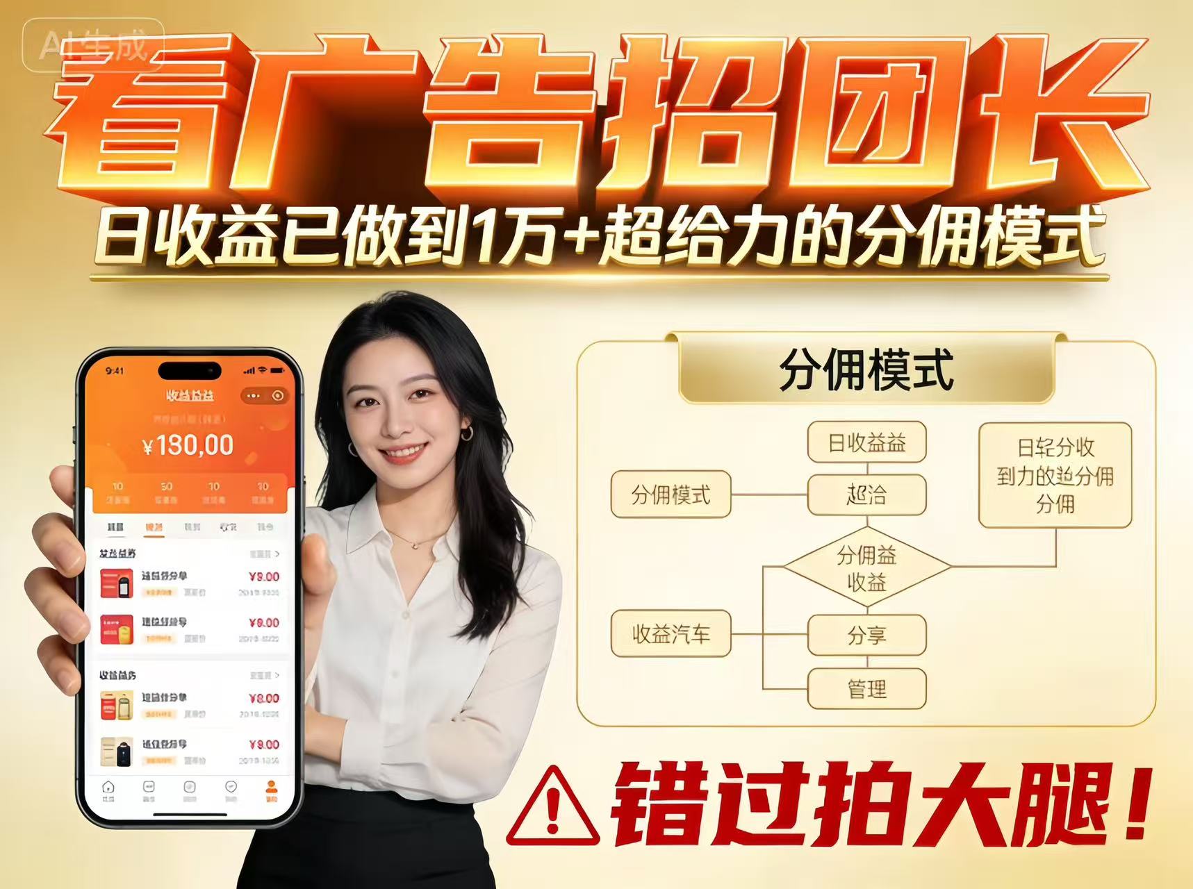 看广告招团长，团队收益已做到日入1万，分佣模式超给力，错过拍大腿-悟空知识星球