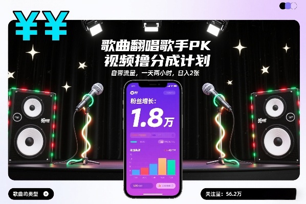 歌曲翻唱歌手PK视频撸分成计划，自带流量，一天两小时，日入2张-悟空知识星球