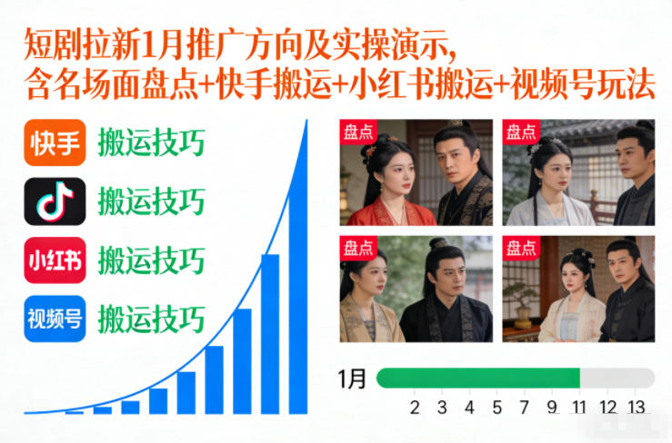 短剧拉新1月推广方向及实操演示,含名场面盘点+快手搬运+小红书搬运+视频号玩法-悟空知识星球