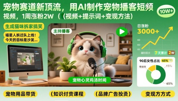 宠物赛道新顶流，用AI制作宠物播客短视频，1周涨粉2W（视频+提示词+变现方法）-悟空知识星球