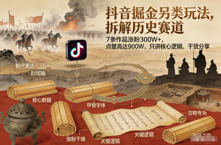 抖音掘金另类玩法，拆解历史赛道，7条作品涨粉300W+，点赞量高达900W，只讲核心逻辑，干货分享-悟空知识星球