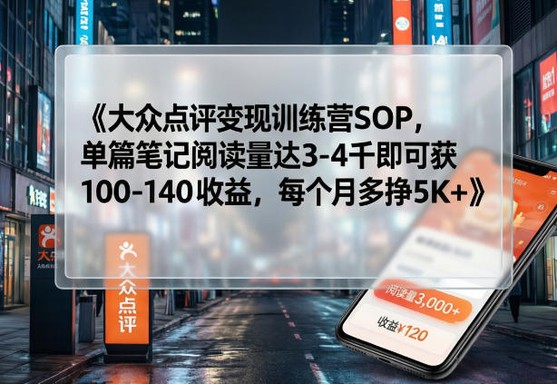 大众点评变现训练营SOP，单篇笔记阅读量达3-4千即可获100-140收益，每个月多挣5K+-悟空知识星球