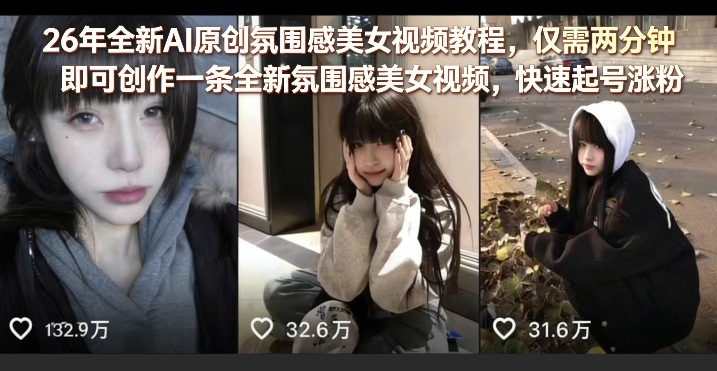26年全新AI原创氛围感美女视频教程,仅需两分钟即可创作一条全新氛围感美女视频,快速起号涨粉-悟空知识星球