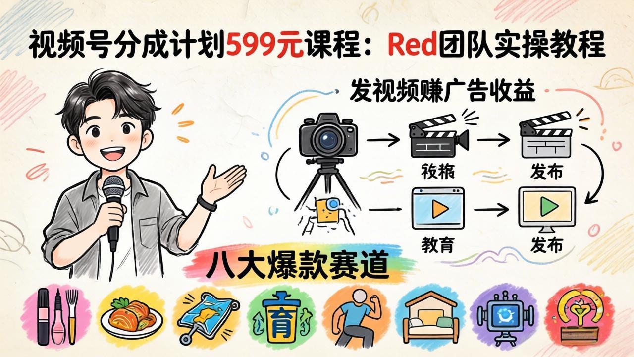 （18088期）视频号分成计划599元课程：Red团队实操教程，发视频赚广告收益，八大爆款赛道全掌握-悟空知识星球