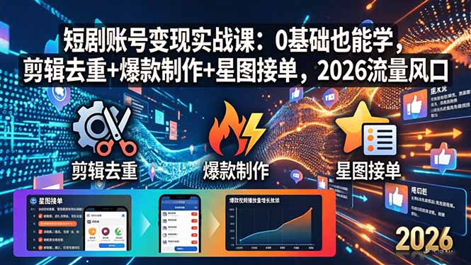 （18160期）短剧账号变现实战课：0基础也能学，剪辑去重+爆款制作+星图接单，2026流量风口-悟空知识星球