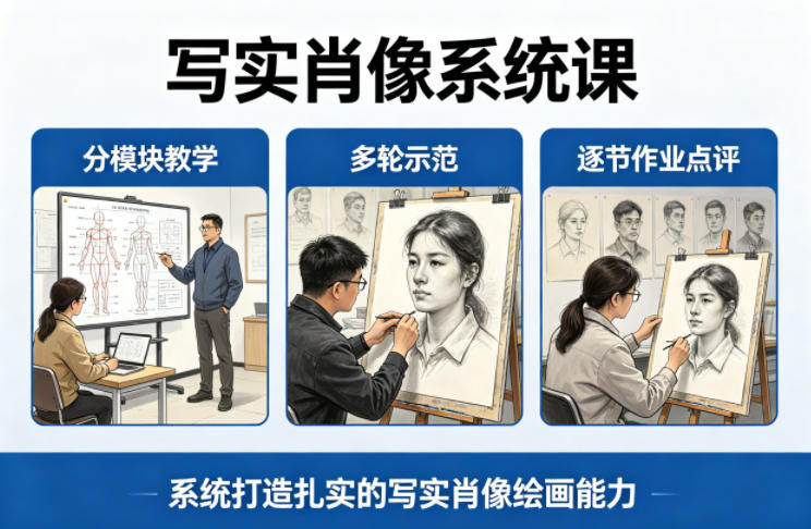 写实肖像系统课，全程分模块教学+多轮示范+逐节作业点评，系统打造扎实的写实肖像绘画能力-悟空知识星球