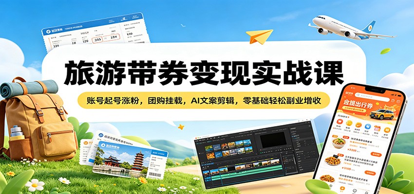 旅游带券变现实战课：账号起号涨粉，团购挂载，AI文案剪辑，零基础轻松副业增收-悟空知识星球