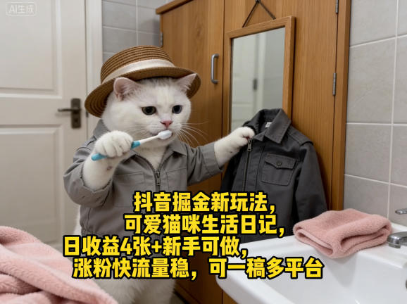 抖音掘金新玩法，可爱猫咪生活日记，日收益4张+新手可做，涨粉快流量稳，可一稿多平台-悟空知识星球
