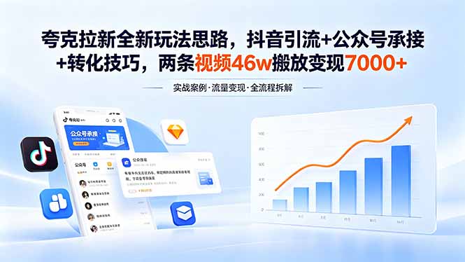 (18416期)夸克拉新全新玩法思路,抖音引流+公众号承接+转化技巧,两条视频46w搬放 变现7000+-悟空知识星球