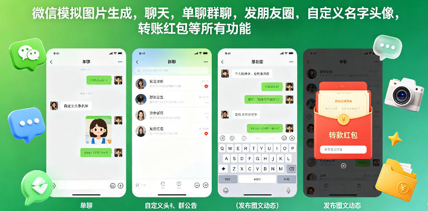微信模拟图片生成，聊天，单聊群聊，发朋友圈，自定义名字头像，转账红包等所有功能都可以生成-悟空知识星球