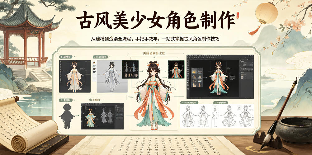古风美少女角色制作，从建模到渲染全流程，手把手教学，一站式掌握古风角色制作技巧-悟空知识星球