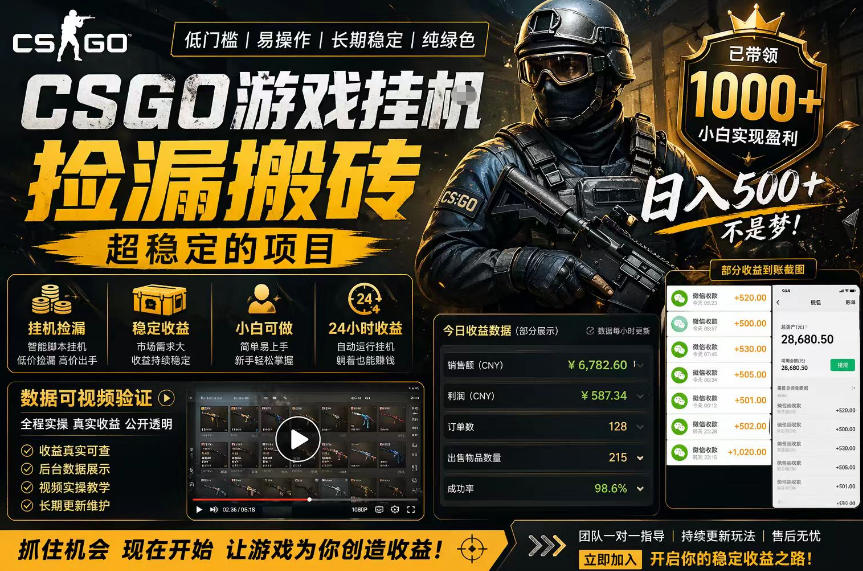CSGO游戏搬砖，全自动挂G，不需要玩游戏，手机操作日入300+，解放双手【揭秘】-悟空知识星球