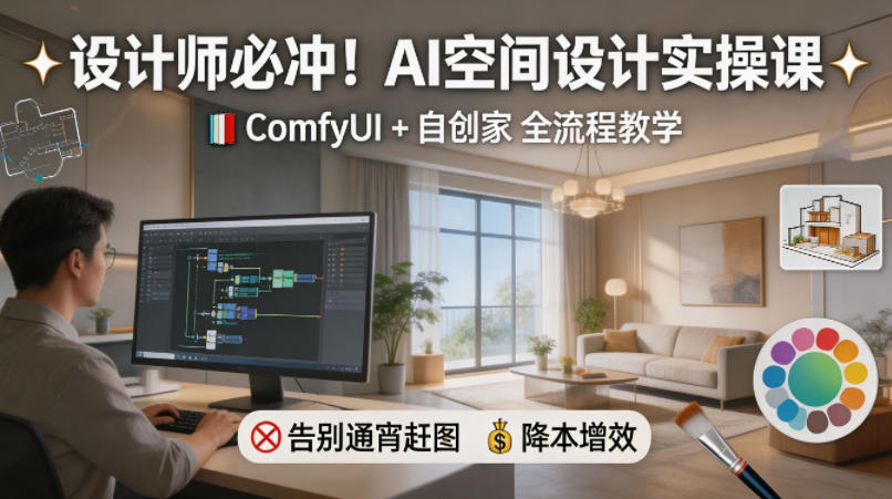 设计师必冲！AI空间设计实操课，ComfyUI+自创家全教学，告别通宵赶图，降本增效-悟空知识星球