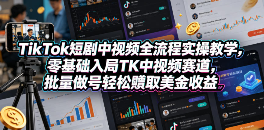 TikTok短剧中视频全流程实操教学,零基础入局TK中视频赛道,批量做号轻松賺取美金收益-悟空知识星球